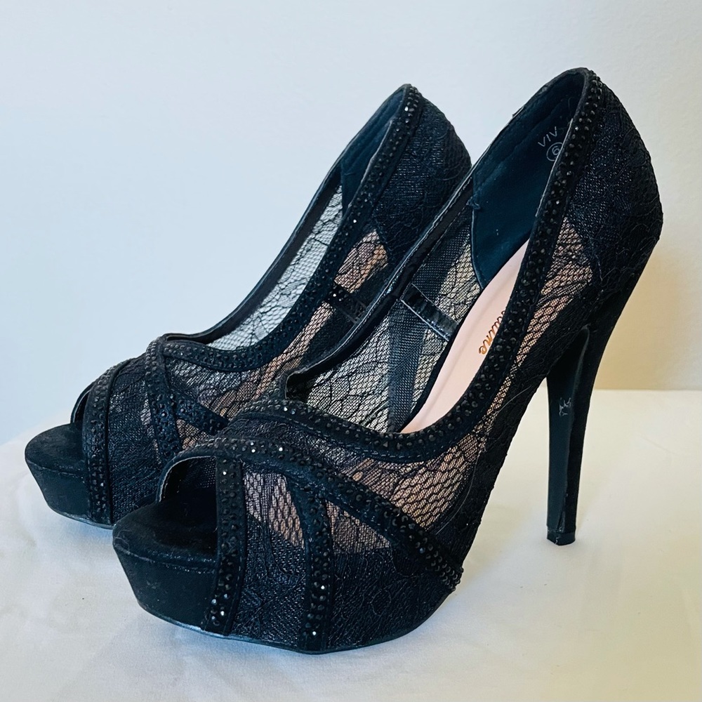 Lauren Lorraine Black Lace Peep-Toe Platform Heels